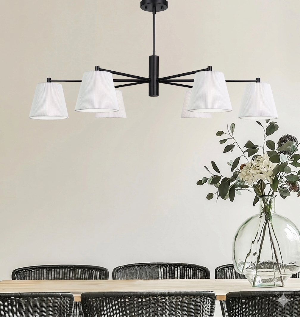 Aspen 6-Light Chandelier – Matte Black with White Fabric Shades