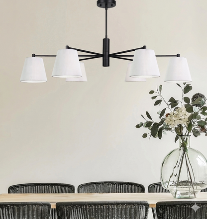 Aspen 6-Light Chandelier – Matte Black with White Fabric Shades