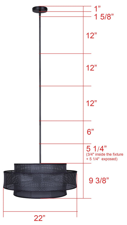 Bellamy 3-Light Chandelier – Matte Black with Black Rattan Shade