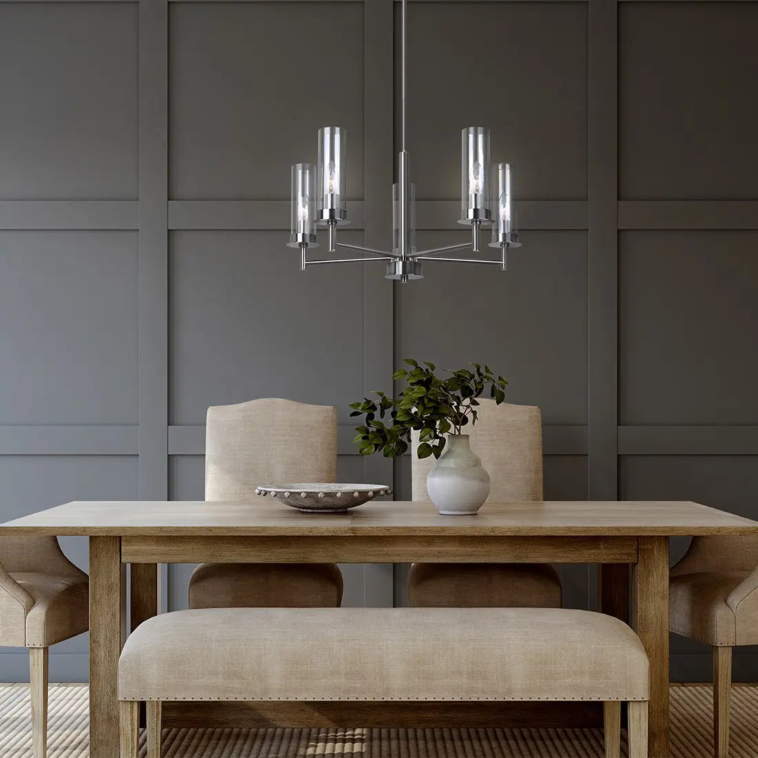 Benson 5-Light Chandelier – Brushed Nickel with Clear Glass Shades