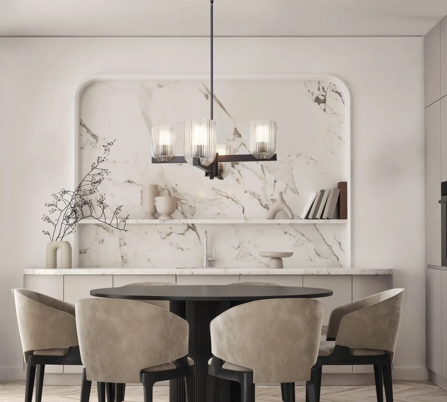 Renzo 4-Light Chandelier – Matte Black with Clear Ribbed Glass