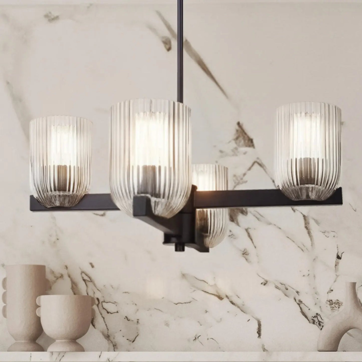 Renzo 4-Light Chandelier – Matte Black with Clear Ribbed Glass