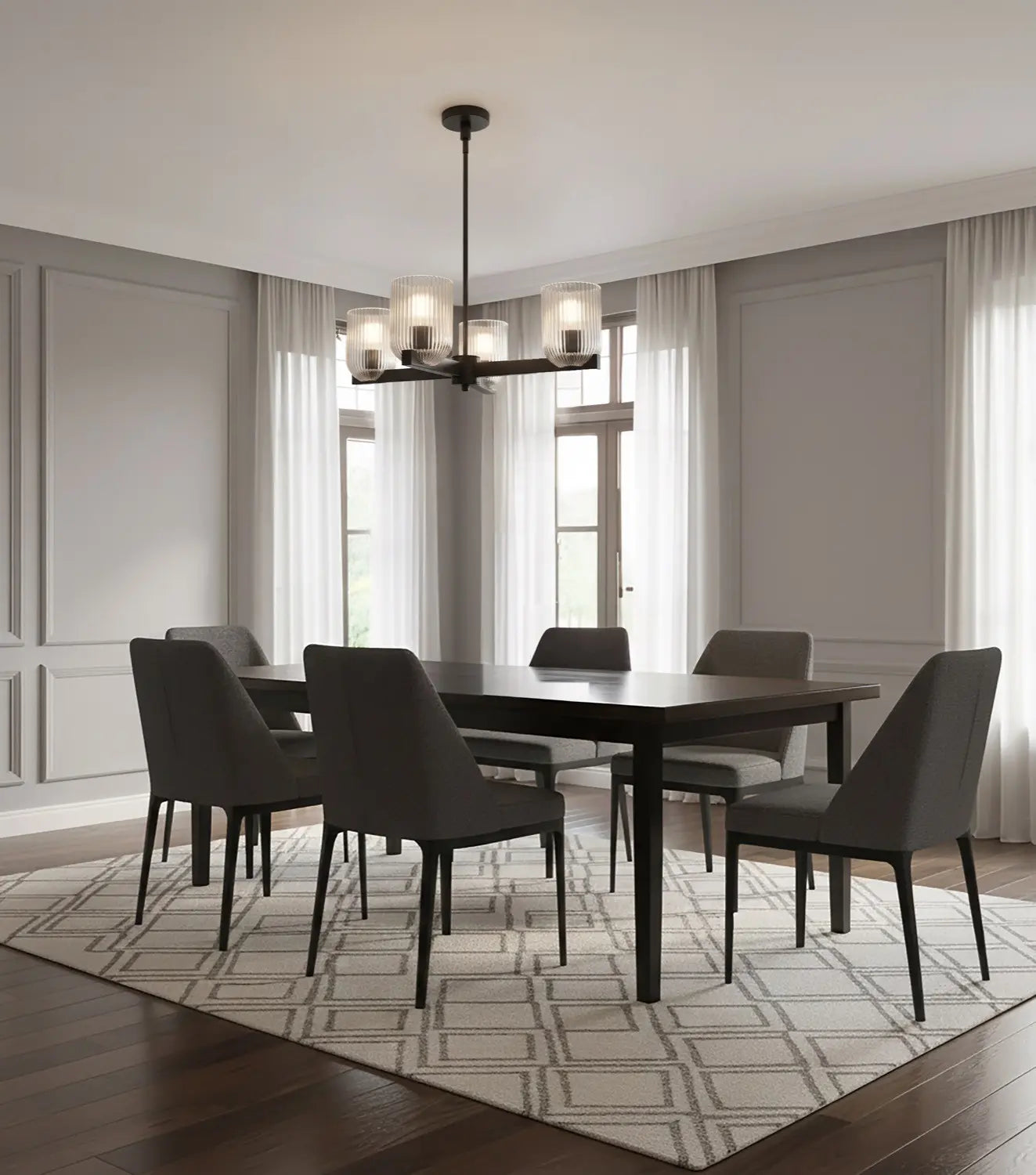 Renzo 4-Light Chandelier – Matte Black with Clear Ribbed Glass