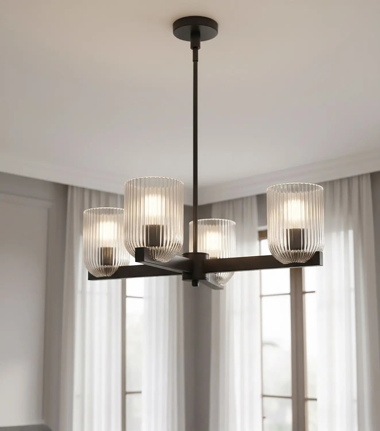 Renzo 4-Light Chandelier – Matte Black with Clear Ribbed Glass