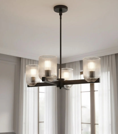 Renzo 4-Light Chandelier – Matte Black with Clear Ribbed Glass