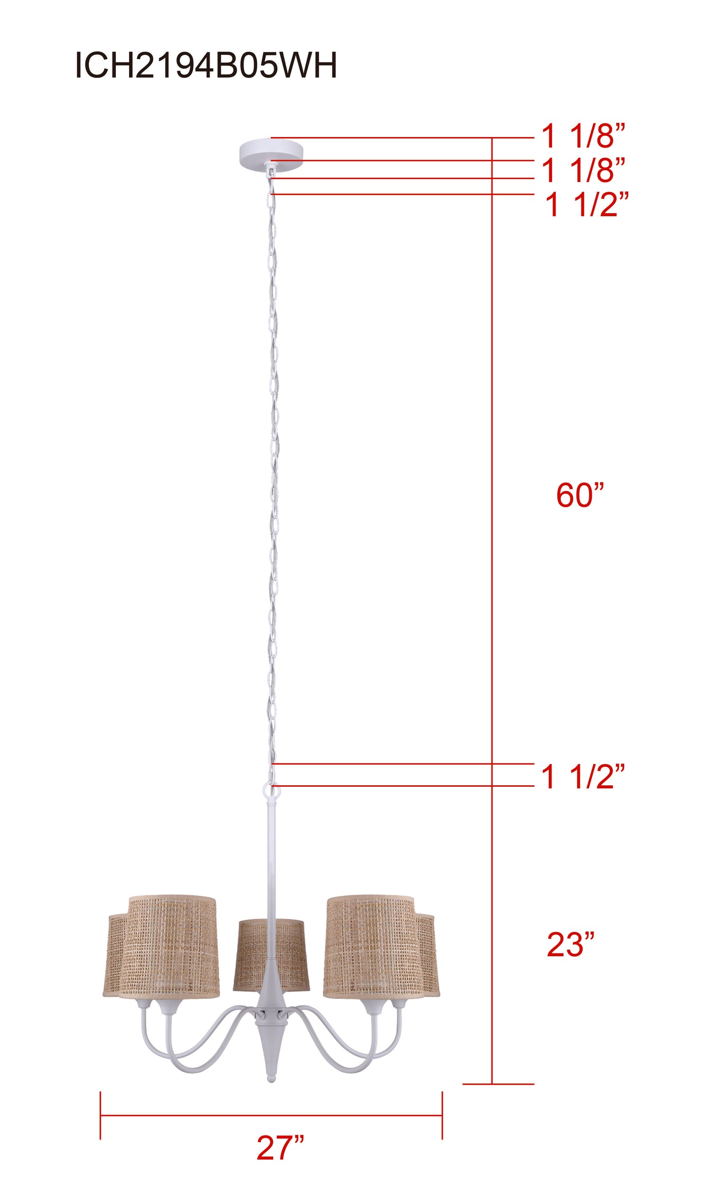Daisey 5-Light Chandelier – Matte White with Natural Rattan Shades