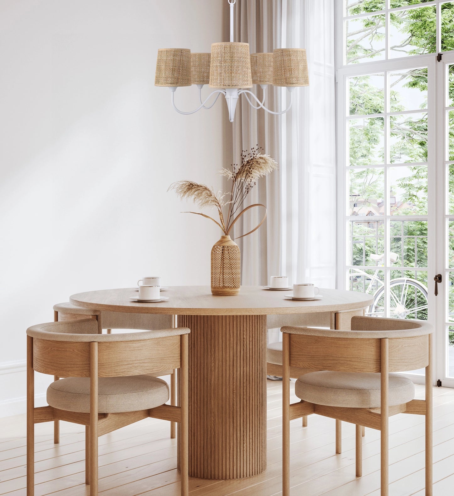 Daisey 5-Light Chandelier – Matte White with Natural Rattan Shades